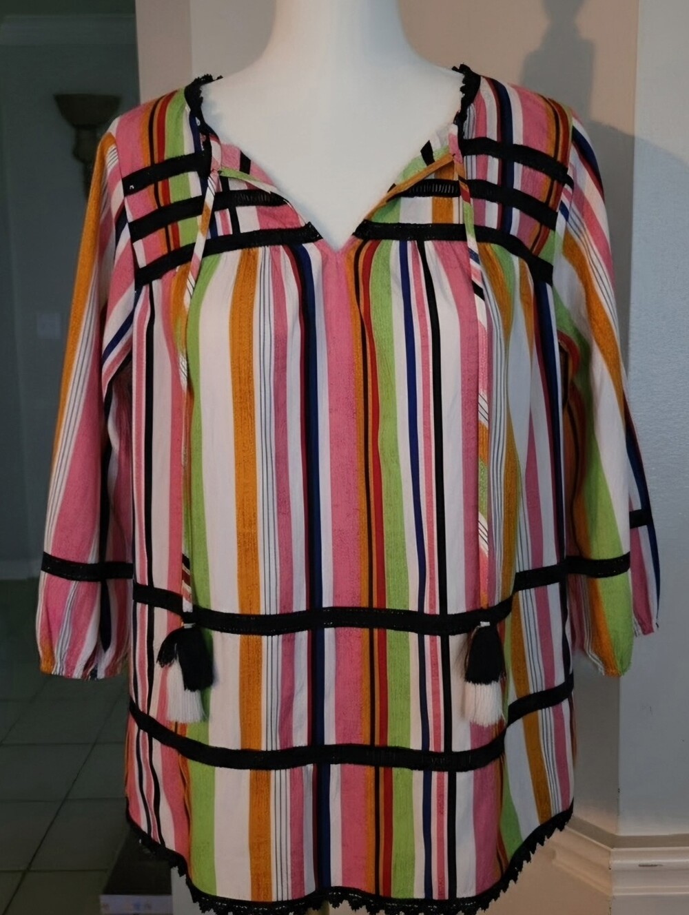 crown & ivy Multicolor Striped Peasant Tunic with Black Trim